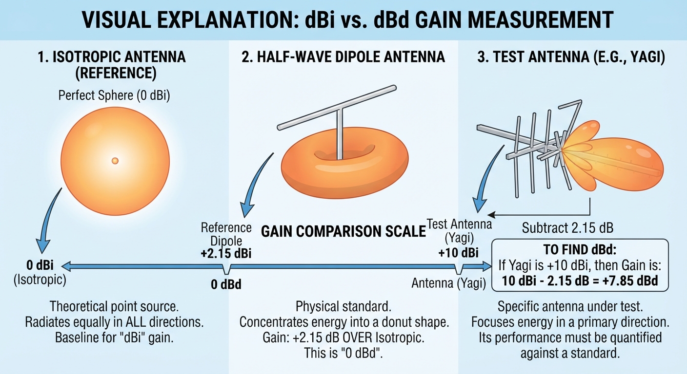 An instructional infographic titled “VISUAL EXPLANATION: dBi vs. dBd GAIN MEASUREMENT” split into three horizontal
sections. The first section shows a glowing orange sphere representing an isotropic antenna (0 dBi) that radiates
equally in all directions. The second section displays a half-wave dipole antenna shaped like a donut or toroid,
marking the physical standard of +2.15 dBi, which is established as 0 dBd on a central gain comparison scale. The
third section illustrates a Yagi test antenna concentrating energy in a directional beam, noted as +10 dBi. A formula
box explains that to find dBd, one subtracts 2.15 dB from the dBi value (10 dBi minus 2.15 dB equals +7.85 dBd). A
bottom timeline arrow maps out the progression from 0 dBi to 0 dBd to the test antenna.