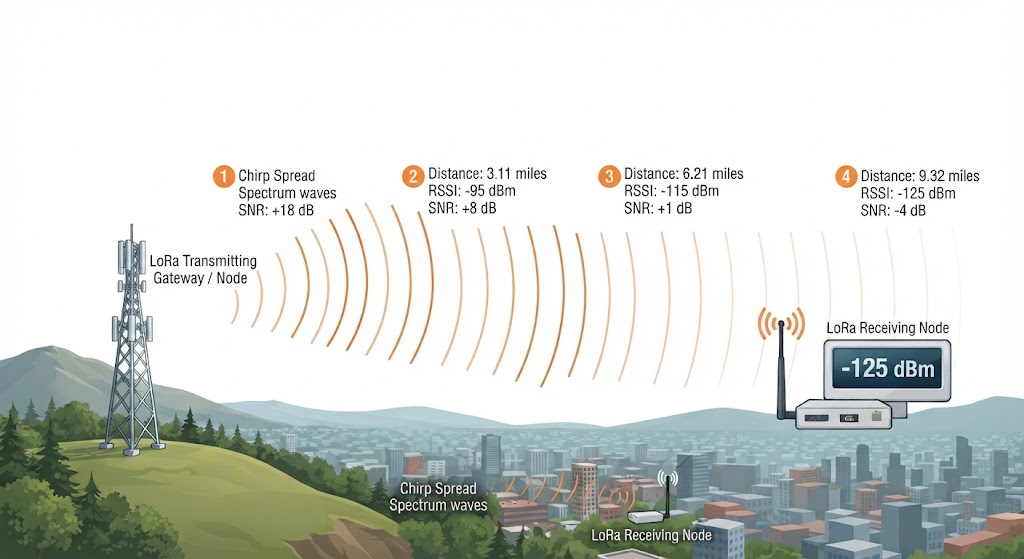 An infographic diagram illustrating LoRa transmission over distance across a city skyline, showing how signal <br>
strength (RSSI) and signal-to-noise ratio (SNR) change at four distinct markers ranging from near the LoRa <br>
transmitting gateway up to 9.32 miles away.